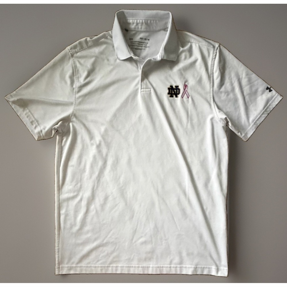 Notre Dame Irish Under Armour Polo Shirt White NCAA Cancer Ribbon Medium JBHS